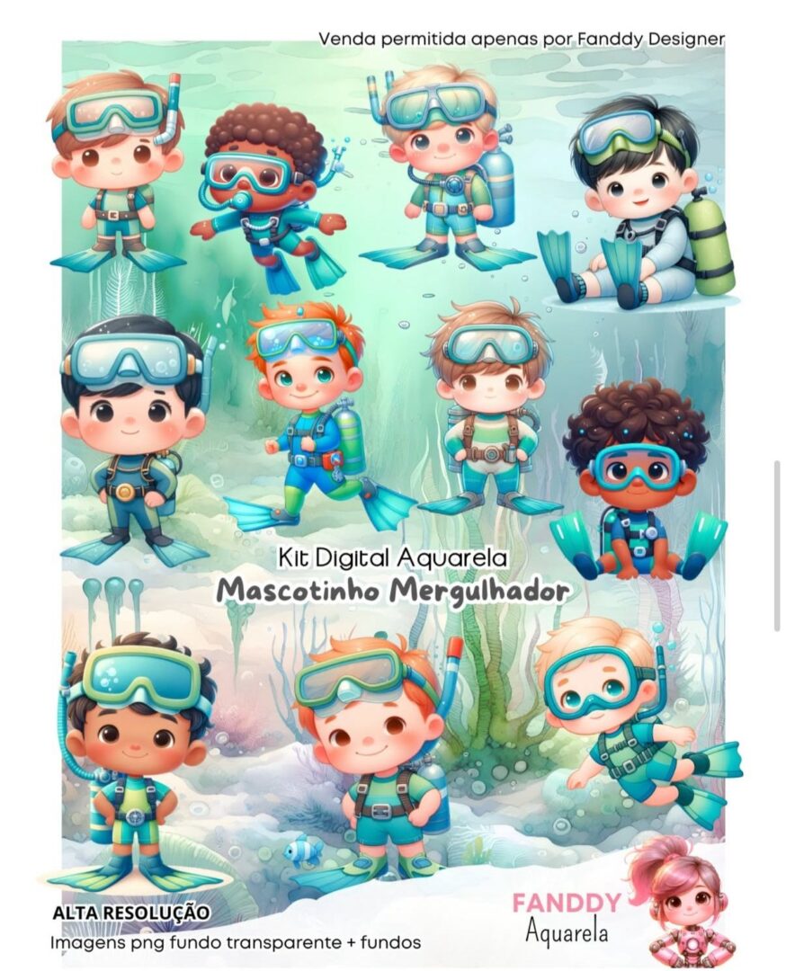 MERGULHADOR MASCOTINHO AQUARELA Mergulhador Mascotinho Aquarela- Kit Digital - Imagem 1