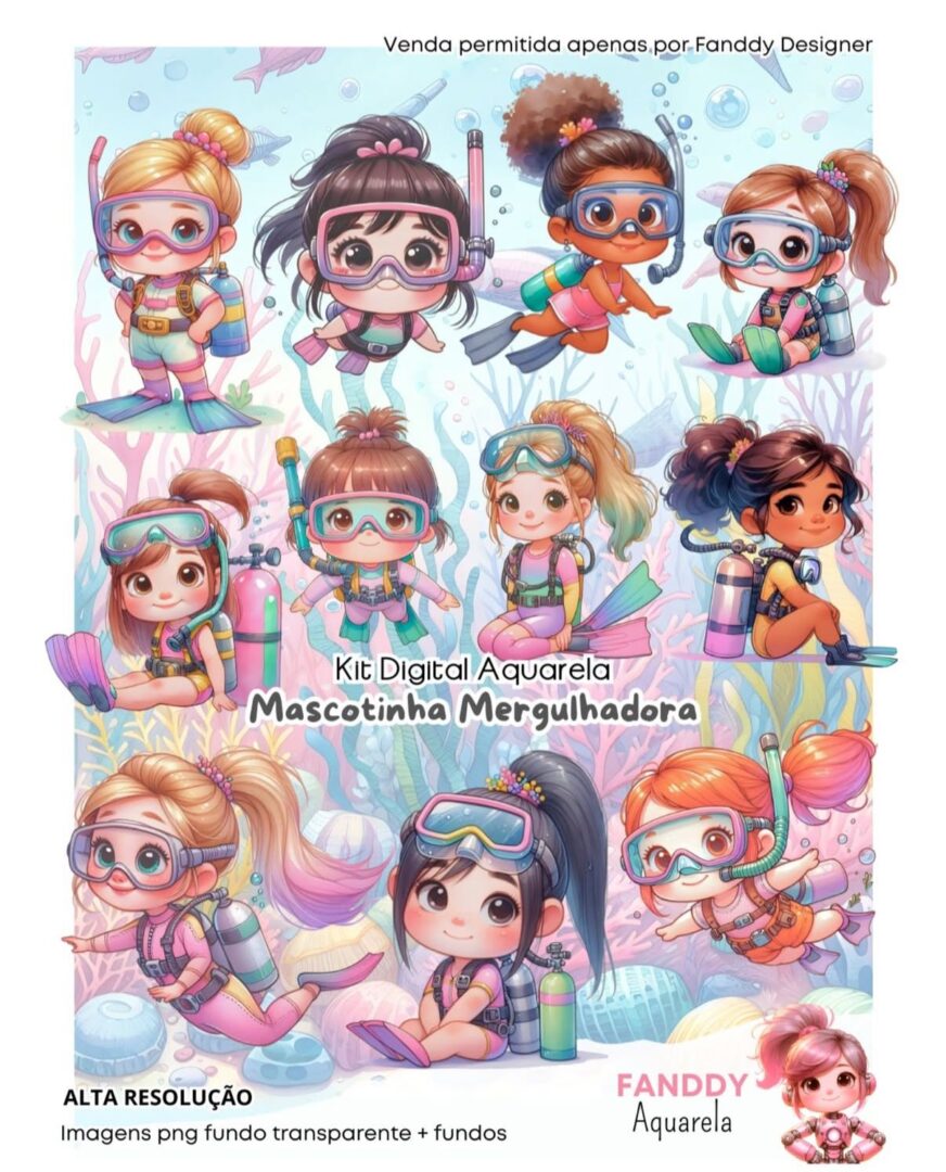 MERGULHADORA MASCOTINHAS AQUARELA Mergulhadora Mascotinhas Aquarela- Kit Digital - Imagem 1